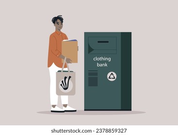 A clothing bank scenario featuring a young character holding paper bags filled with used clothes to donate, highlighting a recycling and charitable theme