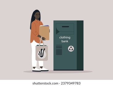 A clothing bank scenario featuring a young character holding paper bags filled with used clothes to donate, highlighting a recycling and charitable theme