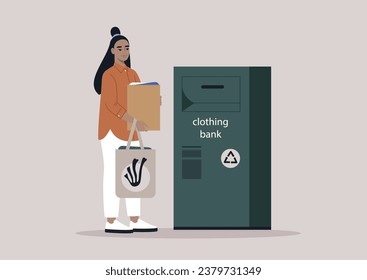 A clothing bank scenario featuring a young character holding paper bags filled with used clothes to donate, highlighting a recycling and charitable theme