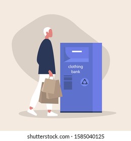 Clothing bank, Young male character holding paper bags with used clothes, recycling