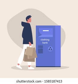 Clothing bank, Young male character holding paper bags with used clothes, recycling