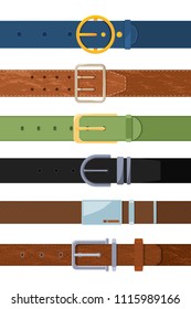 Clothing belt. Vector set of various colored belts. Accessory leather strap with metal buckle illustration