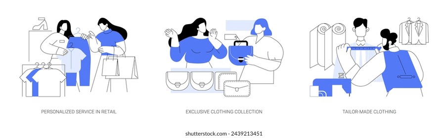 Clothing boutique isolated cartoon vector illustrations set. Personalized service in retail, consultant helps customer, exclusive accessories collection, tailor-made clothing vector cartoon.