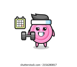 caricatura de mascota de botón de vestir haciendo fitness con dumbbell, diseño lindo