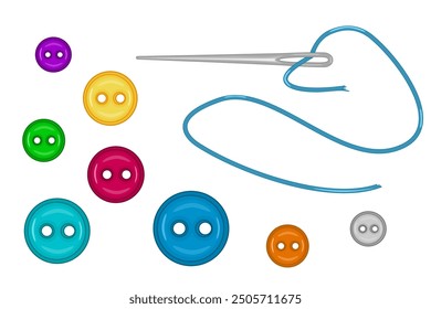 Clothing buttons and needle with thread on white background. Sewing kit with buttons, thread and needle. Needle with thread for sewing. Clothing fastener or tailor items. Fashion and needlework.Vector