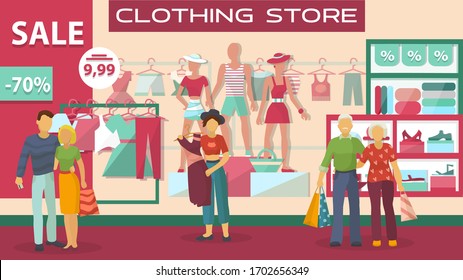 Clothing buyers on sale at store, people young and adults shop at boutique against background of window with mannequins vector flat illustration. Men and women measure clothes in a store, in hand bags