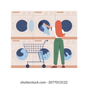 Clothing care concept. Young woman puts dirty clothes in washing machine. Female character washes her shirts and and bed linen. Public laundry for free use. Cartoon modern flat vector illustration