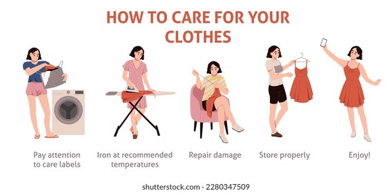 Clothing care. Cute girl takes care of her wardrobe, wear washing, ironing, repair and fitting, red beautiful dress, contemporary character, cartoon flat illustration, tidy vector concept