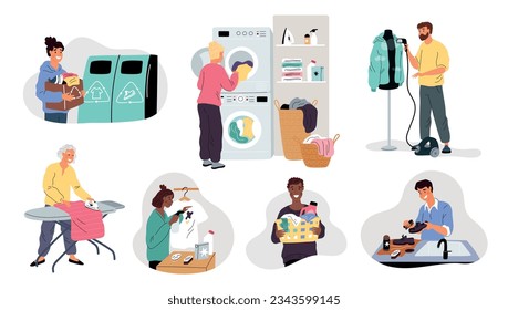 Clothing care. People wash footwear or garment. Laundry basket. Clean underwear. Iron jacket and shirts. Men and women repairing clothes. Recycling textile container