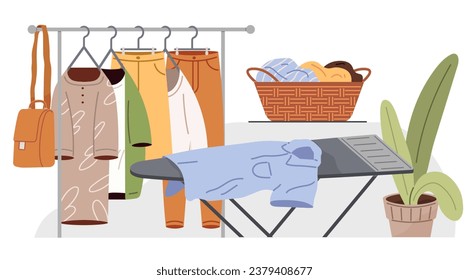 Cuidado de la ropa. Ilustración vectorial. El cuidado de la ropa es importante habilidad para la vida Los grupos de apoyo de la moda ofrecen orientación y asesoramiento Las organizaciones de ayuda proporcionan ropa a los necesitados Dar a sus viejos textiles