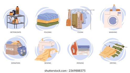 Clothing care. Vector illustration. Clothing reflects our personal style Care for your clothes to make them last longer Support sustainable fashion by choosing eco-friendly materials Fashion