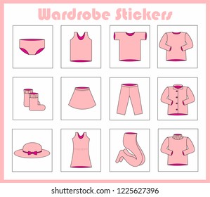 Clothing classification. Stickers on the drawers for the cabinet. Pink wardrobe images. Underpants, T-shirt, jacket, socks, skirt, pants, sweater, hat, dress, tights, jacket. Icons for infographics.