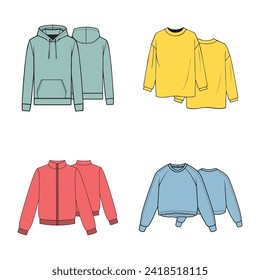 Bekleidungskollektion. Satz von Symbolen. Hoodie, Sweatshirt, T-Shirt, Kapuze, Bomberjacke. verschiedene Kleidungsarten. Satz von Illustrationen. Vektor. Laden oder Boutique. Mode. Skizze. Frauen