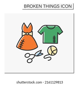 Clothing color icon. Torn clothes. Lacerated t-shirt and dress. Repair by needle and thread. Damaged apparel. Broken things concept. Isolated vector illustration