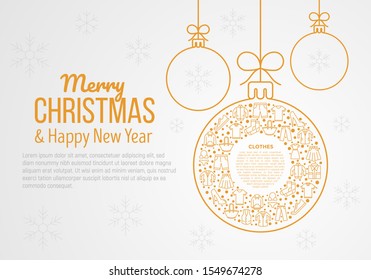 Clothing concept in Christmas ball with thin line icons: shirt, shoes, pants, hoodie, sneakers, shorts, underwear, dress, skirt, jacket. Vector illustration, print media template for fashion shop.