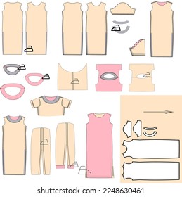 Kleidungsdesign-Elemente. Detaillierte Vektorgrafik des Kleides. Technologische Abfolge von T-Shirts zum Schneiden. Sticken und Aufbereiten von Ärmeln und Mund. Nähthemes.