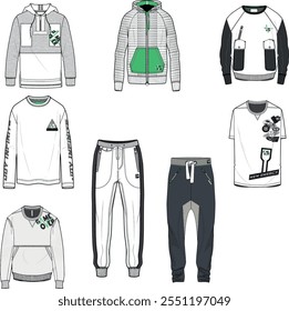 clothing design. knitted clothes, tshirts, sweatshirt, joggers, print patterns and more