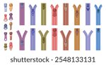 Clothing design and tailoring items. Vector in flat style, isolated set of modern and simple colorful zippers and pullers for men and women clothes. Connecting pieces of fabric, sweaters and jeans