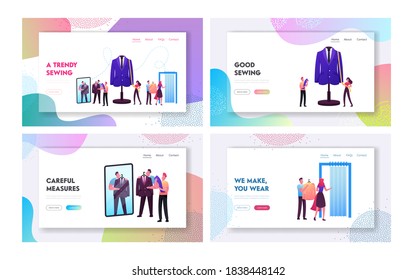 Clothing Designer, Sewer Work Landing Page Template Set. Customers Characters Fitting Clothes in Tailoring Atelier. Dressmaker or Tailor Measuring Mannequin. Cartoon People Vector Illustration