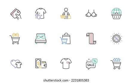 Clothing, Discounts bubble and T-shirt line icons for website, printing. Collection of Wallet, Shopping rating, Buyer icons. Wallet money, Bra, Pillows web elements. Sale bags. Vector