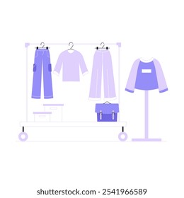 Clothing Display Rack With Apparel In Flat Vector Illustration Symbolizing Retail, Fashion Display, And Organization, Isolated On White Background.