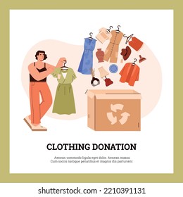 Clothing Donation Concept Of Banner Or Poster With Woman Packing Things For Charity, Cartoon Flat Vector Illustration. Volunteering And Social Care Concept.