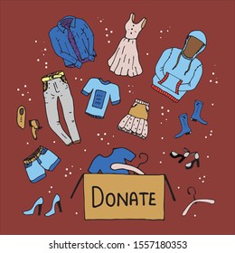 Clothing donation concept web banner design. Isolated clothes stock vector illustration on burgundy background. Hand-drawn set of clothes, give box, lettering. Shoes, jacket jeans, dress, skirt.
