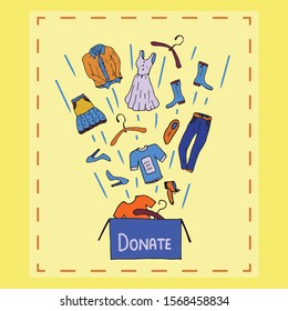 Clothing donation concept web banner design. Isolated clothes stock vector illustration on mustard yellow background. Hand-drawn set of clothes, give box. Shoes, jacket jeans, dress, skirt.