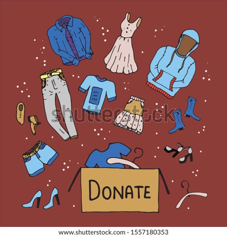Clothing donation concept web banner design. Isolated clothes stock vector illustration on burgundy background. Hand-drawn set of clothes, give box, lettering. Shoes, jacket jeans, dress, skirt.