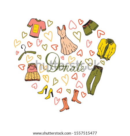 Clothing donation concept web banner design. Isolated clothes stock vector illustration on white background. Hand-drawn set of clothes, and lettering. Charity. Shoes, jacket jeans, dress, skirt, shirt