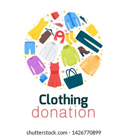 Clothing donation flat vector poster template. Thrift shop, second hand store web banner design. Homeless, people in need social help. Men and women garment illustration. Apparel selling and buying