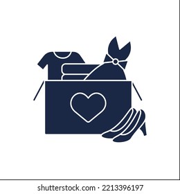 Clothing donation glyph icon.Share used clothes with stray or poor people. Shoes, dress, suit for different seasons.Charity box.Charity concept.Filled flat sign.Isolated silhouette vector illustration