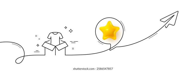 Clothing donation line icon. Continuous line with share plane. Charity box sign. Shirt symbol. 3d star in speech bubble. Clothing single line ribbon. Loop curve pattern. Vector