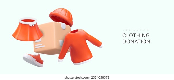 Donación de ropa. Caja realista, ropa roja, zapatos, sombreros. Trabajo voluntario, apoyo a pobres y necesitados. Actividad benéfica. Concepto de color de vector con texto