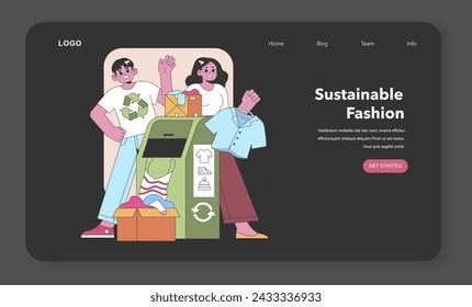 Clothing donation and recycling concept. People engaging in secondhand wardrobe exchange. Textile waste reduction. Eco-conscious apparel handling. Vector illustration.