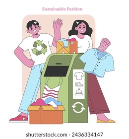 Clothing donation and recycling concept. People engaging in secondhand wardrobe exchange. Textile waste reduction. Eco-conscious apparel handling. Vector illustration.