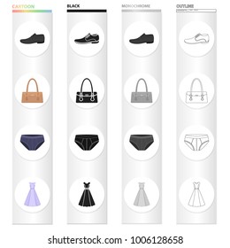 Clothing, dress, sarafan, accessories, ladies' bag, men's shoes, panties. Clothes and accessories set collection icons in cartoon black monochrome outline style vector symbol stock illustration web.