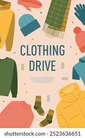 Modelo de pôster de unidade de roupas.  Doação de roupas. Conceito de ajuda social e humanitária, voluntariado e caridade. Ilustração vetorial.