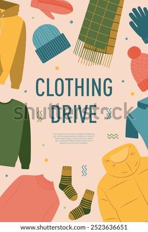 Clothing drive poster template.  Donation of clothing. Concept of social and humanitarian aid, volunteering and charity. Vector illustration.