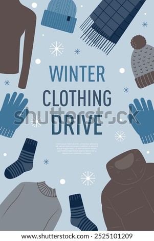 Clothing drive poster template.  Donation of clothing. Concept of social and humanitarian aid, volunteering and charity. Vector illustration.