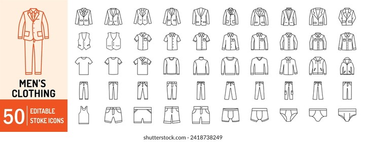 Juego de iconos de contorno de trazo editable para ropa masculina. Abrigo, chaqueta, camisas, suéter, camisetas, pantalones, pantalones, capucha y chaleco. Ilustración del vector