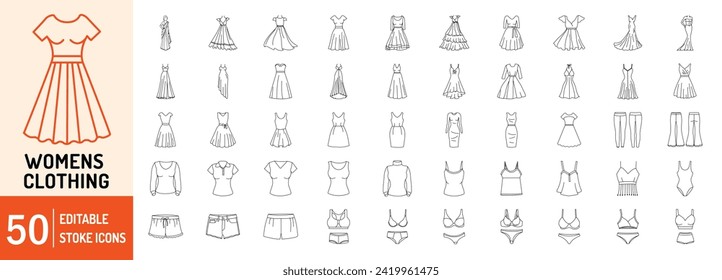 Women’s Clothing editable stroke outline Icons set. Saree, wedding dress, sleeveless, casual, babydoll dress, bridal gown, sundress, legging, pants and bra. Vector illustration