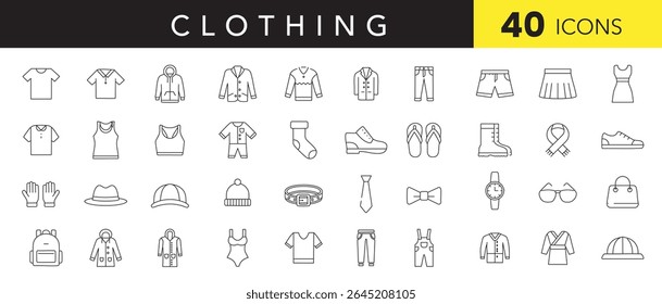 Clothing Essentials line Icon Set – Flat Minimal Icons of Fashion, Apparel, and Wearable Items