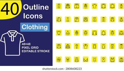 Clothing Essentials Outline Icon Set – Oversized Shirt, Hoodie, Denim Pants, Puffer Jacket, Bra, Jumpsuit Minimal Vector Icons with Editable Stroke