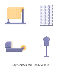 Clothing factory icons set cartoon vector. Equipment for fabric production. Textile industry