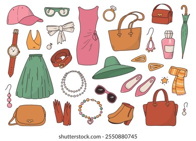 Clothing, fashion accessories doodles collection for stickers, planners, social media decor, prints, cards, signs, etc. EPS 10