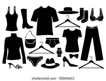 Clothing and fashion accessories.
Various silhouette of objects on the subject of fashion in black on a white background.