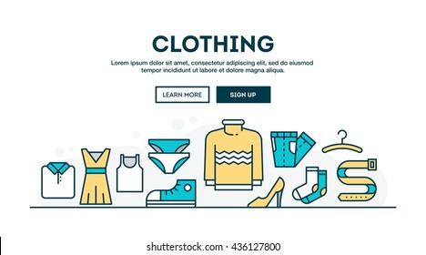 Clothing, fashion, boutique,  colorful concept header, flat design thin line style, vector illustration