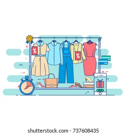 Clothing, fashion, boutique, colorful concept header, flat design thin line style, vector illustration