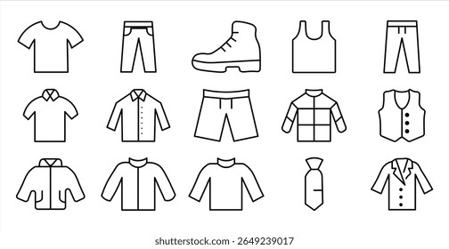 Clothing and Fashion icon set. Contains Clothing, Fashion, Jacket, T-Shirt, Coat, Shoe. clothes and cloth elements - minimal thin line web icon set. Outline editable icons collection
